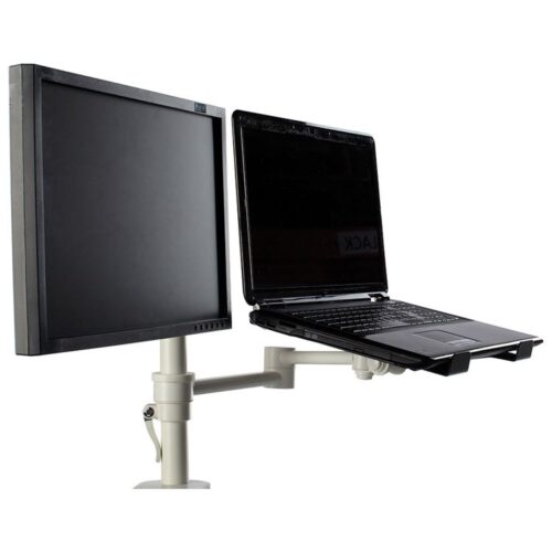 Pluto Dual Monitor Arm with Laptop Tray | Dual Arm Laptop and Monitor Stand | Holder Swivel Monitor Desk