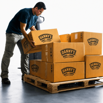 Worker courier lifting boxes stack on pallet, package, cardboard box, warehouse delivery service shipment goods, manufacturing warehouse.